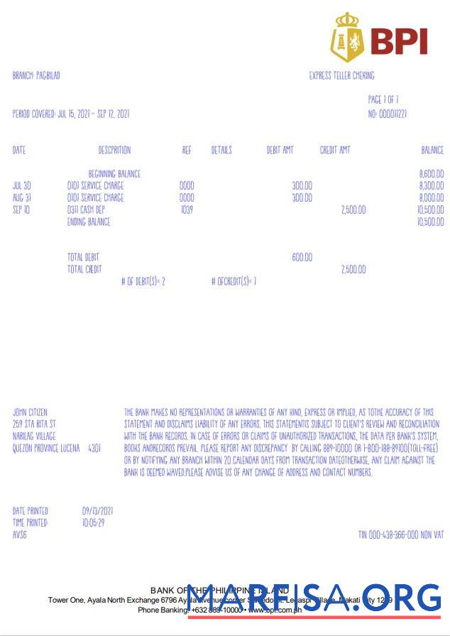 Printable Philippines Bank of the Philippine Islands (BPI) bank statement word example